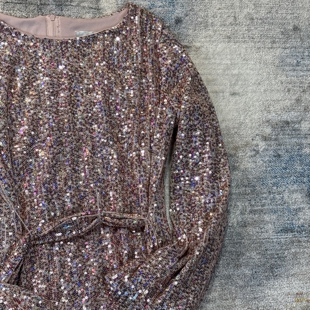 Rare Editions Juniors Sequin Party Dress Size‎ 14 Rose Gold Long Sleeve Belted